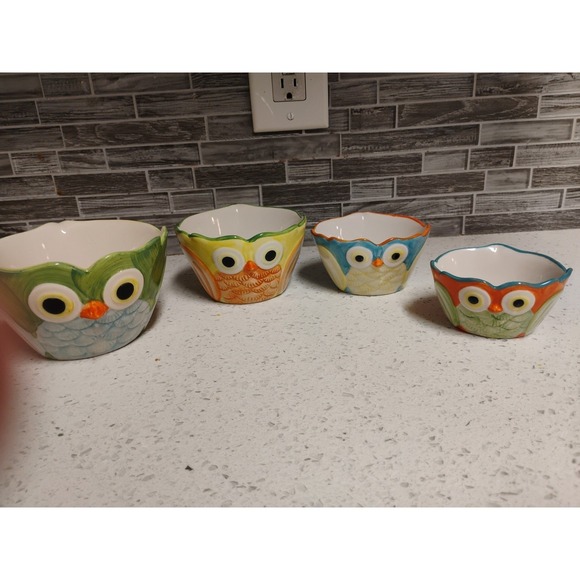 Set of 4 Pier 1 ‎ Hand Painted Ceramic Owl Nesting Measuring Cups NEW!! - Picture 1 of 16